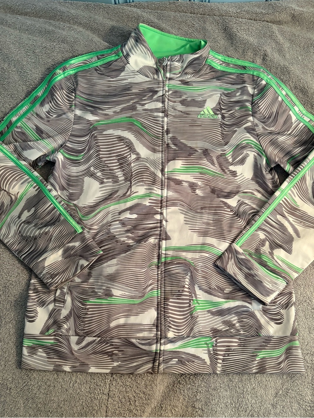 Adidas Boys XL (18/20) Halo Silver Full Zip Jacket 3 Stripe Lime Track Logo